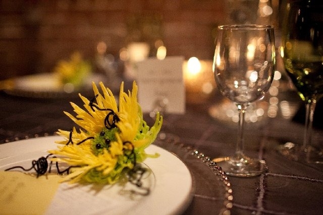 Opulent Couturier Sunflower Wedding Design in Yellow, Gray and Green Close up View of Sunflower