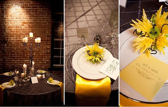 Opulent Couturier Sunflower Wedding Design in Yellow, Gray and Green